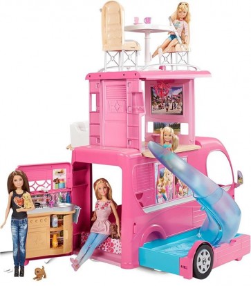 Barbie Pop-Up Camper Van Kids Girls Gift - Pink Children Toy Car Doll Kitchen 