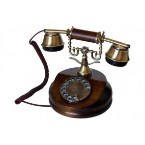 Retro Vintage Phone Rotary Dial Antique Wooden Corded House Telephone Metal Bell
